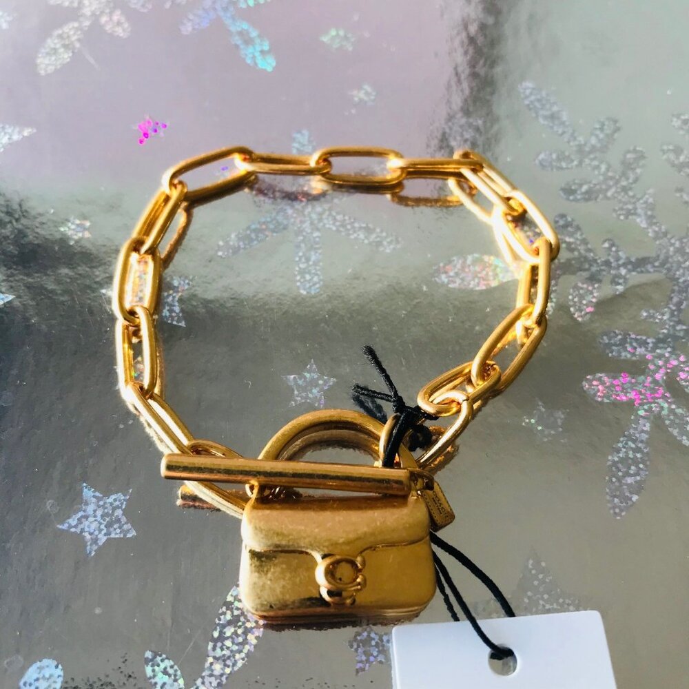 COACH MINI TABBY HANDBAG CHARM Matte Gold Tone Brass  Chain Bracelet  NWT - Picture 6 of 9